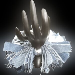 Stylish Blue Denim with Silver Leather with Strips and Silver Bead